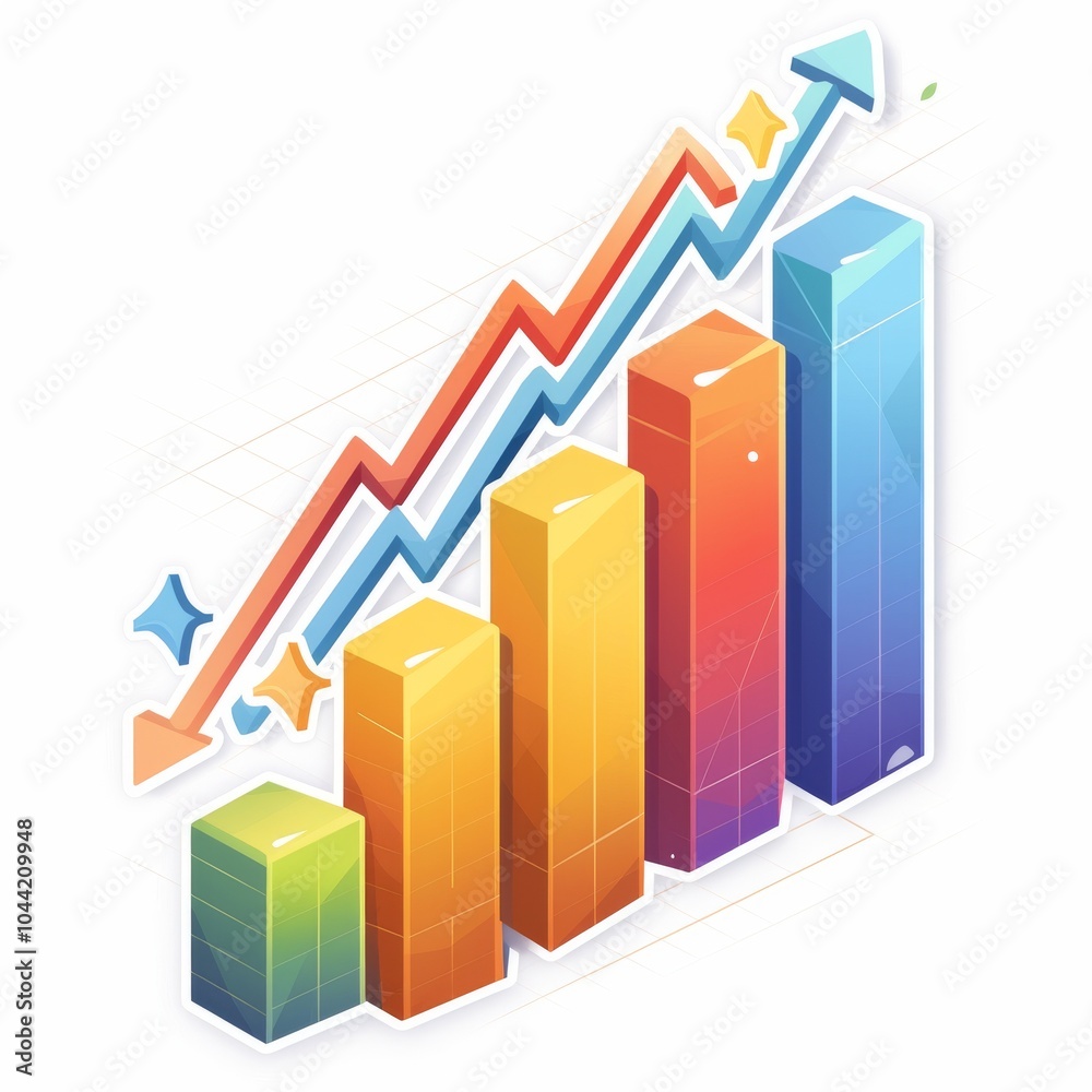 A vibrant, colorful 3D graph with ascending bars representing growth and progress in a stylized digital design. A vibrant, colorful 3D graph with ascending bars representing growth and progress in a stylized digital design.