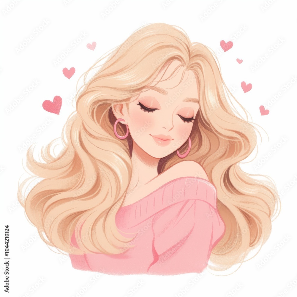 A young woman with long, wavy blonde hair, wearing a pink sweater, surrounded by pink hearts, exudes a dreamy and romantic vibe. A young woman with long, wavy blonde hair, wearing a pink sweater, surrounded by pink hearts, exudes a dreamy and romantic vibe.