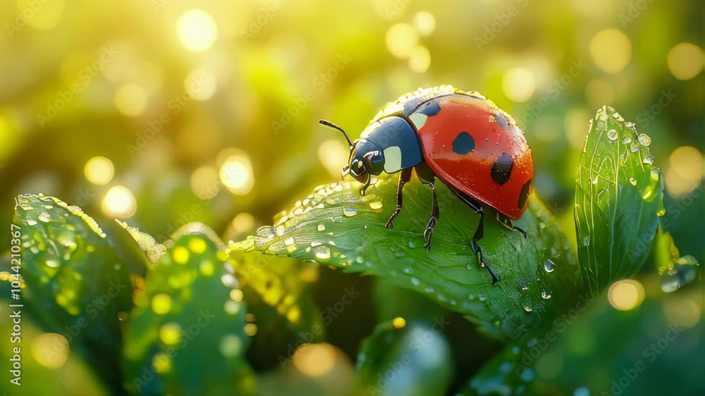 Close-up of a ladybug on a grass blade, with warm sunlight in the background Close-up of a ladybug on a grass blade, with warm sunlight in the background