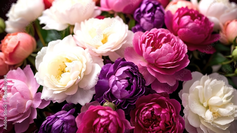 **Vibrant Floral Bouquet Closeup - White, Pink, Purple Roses and Peonies** **Vibrant Floral Bouquet Closeup - White, Pink, Purple Roses and Peonies**