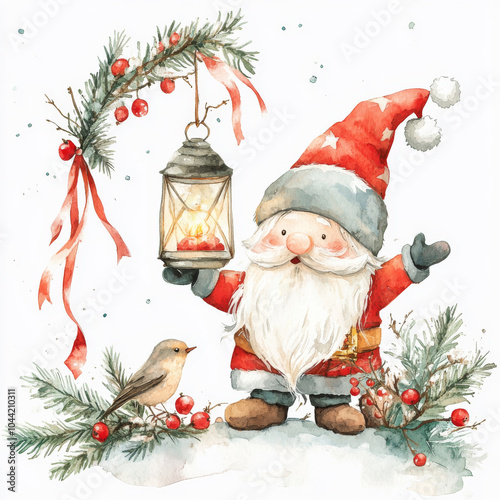 Watercolor Christmas scene featuring a cute gnome holding a lantern, with a tiny bird perched nearby, surrounded by festive decorations like ribbons and bells. Isolated on a white background for a photo