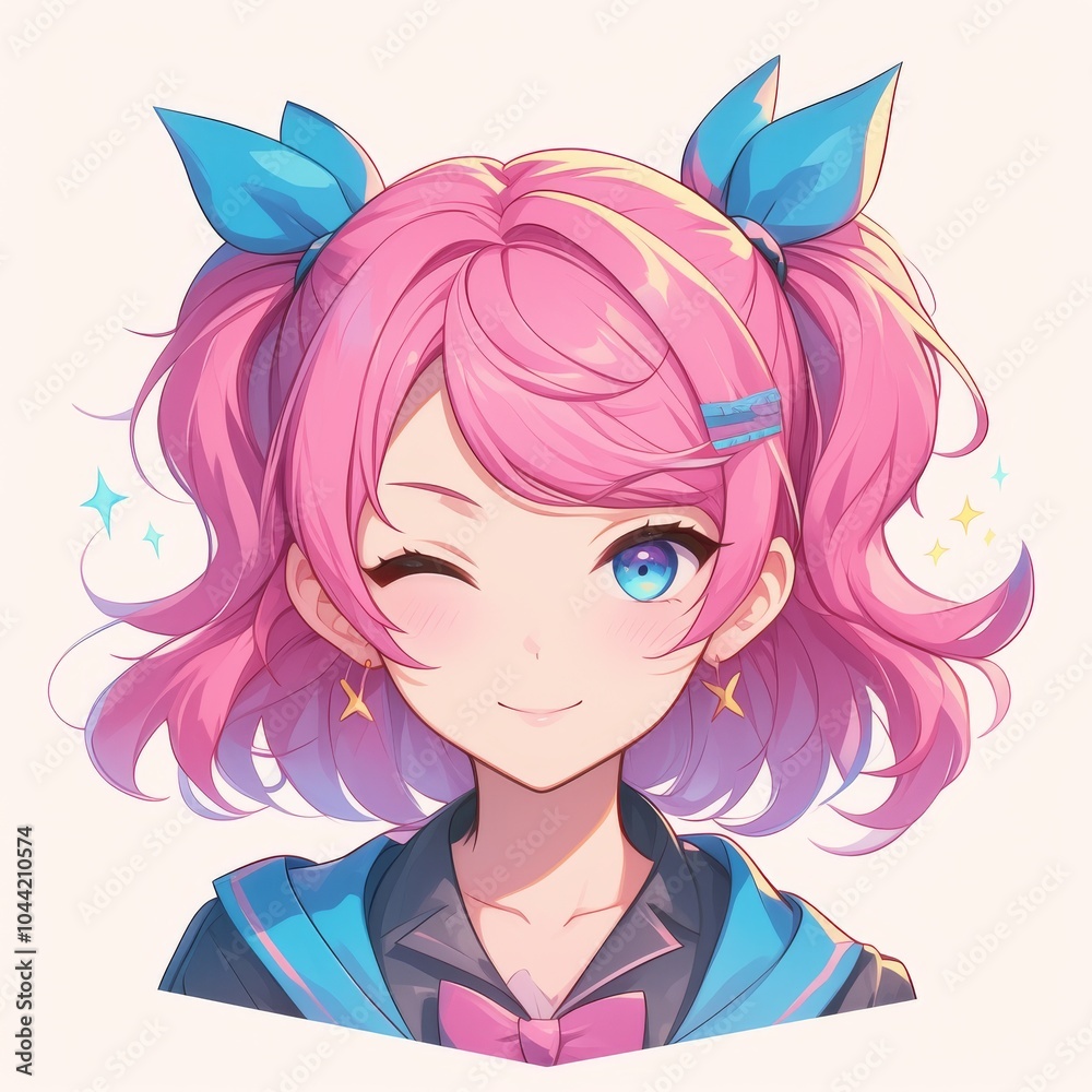 A cheerful young anime girl with pink hair and blue ribbons, winking playfully with vibrant blue eyes. A cheerful young anime girl with pink hair and blue ribbons, winking playfully with vibrant blue eyes.