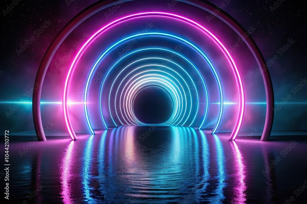 Sci-fi concept of space gate and spiral neon in the dark background reflected Sci-fi concept of space gate and spiral neon in the dark background reflected