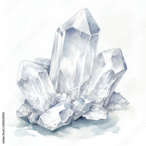 Brilliant white crystals depicted in a watercolor illustration, with soft shadows and delicate reflections. These radiant, pure crystals create a sense of elegance and simplicity, perfect for photo