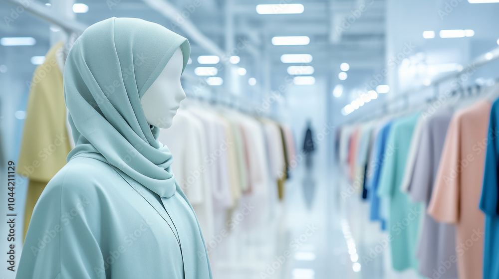 Elegant mannequin display in modern clothing store with soft pastel hijabs Elegant mannequin display in modern clothing store with soft pastel hijabs