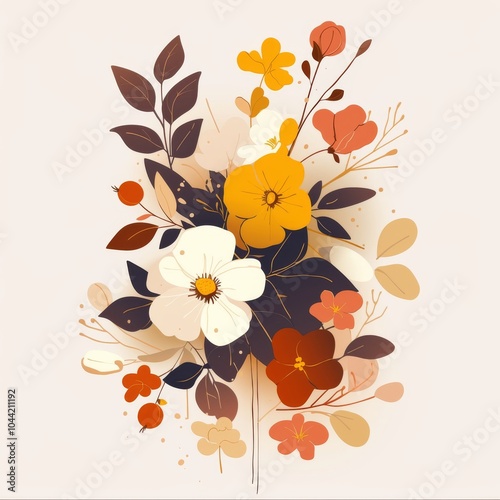 A vibrant floral bouquet featuring white, orange, and yellow flowers against a soft beige background.