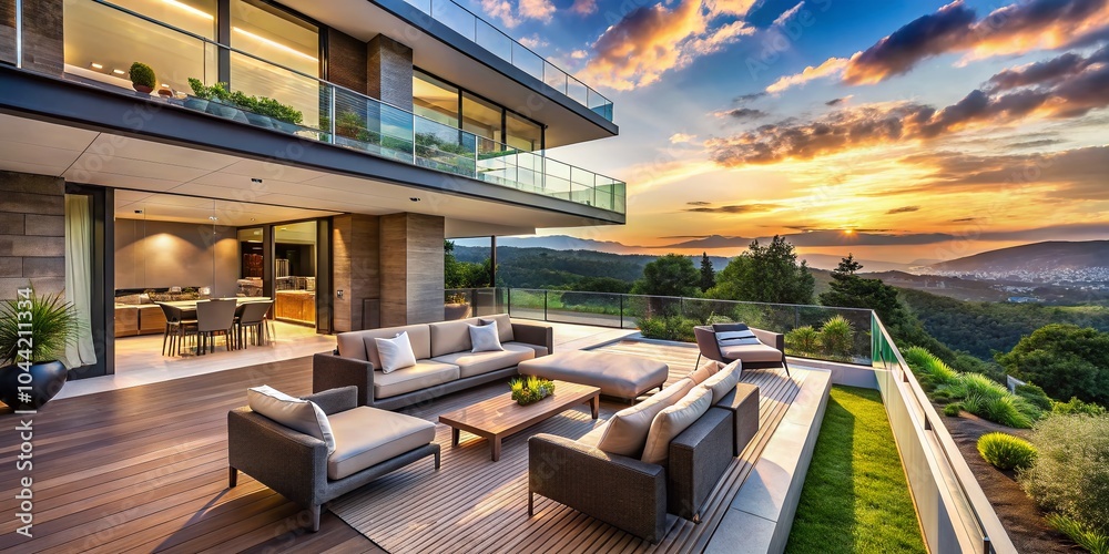 Fototapeta premium Modern House with Balcony in a Serene Landscape - Contemporary Architecture and Outdoor Living Spaces