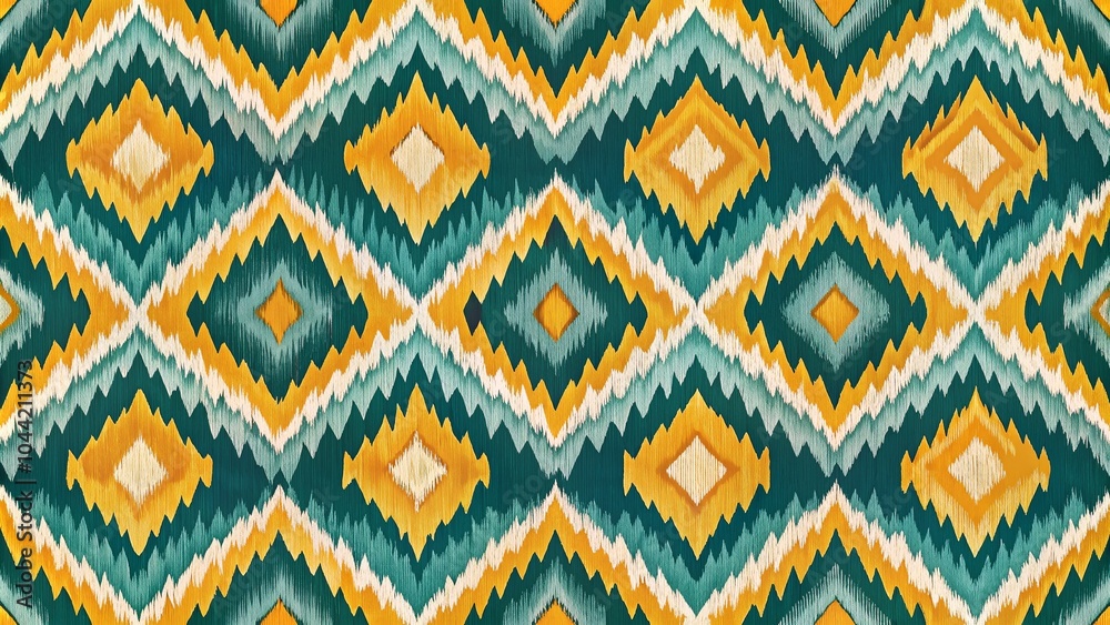 Modern Ikat Fabric Pattern Design with Geometric Shapes and Zigzag Lines in Teal, Mustard Yellow, and Charcoal Gray Modern Ikat Fabric Pattern Design with Geometric Shapes and Zigzag Lines in Teal, Mustard Yellow, and Charcoal Gray