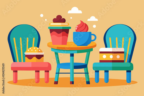 Coffee time. Illustration of isolated colorful chairs with coffee and pieces of cake