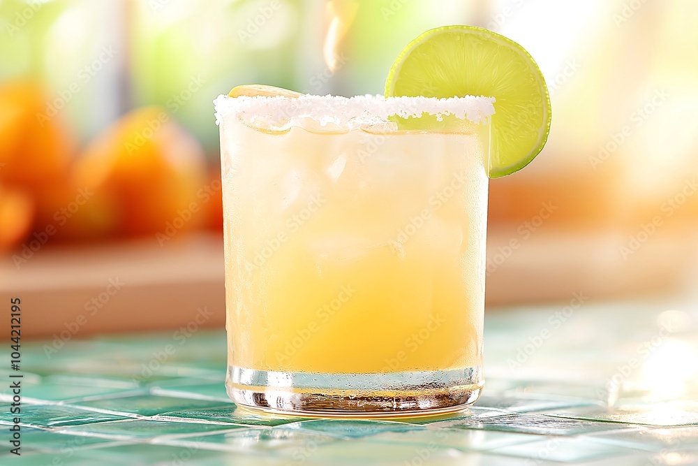 Fototapeta premium A Classic Margarita With a Salted Rim, Served in a Vibrant Mexican Cantina With Colorful Tiles and Festive Decorations, Beverage Photography, Drinks Menu Style Photo Image