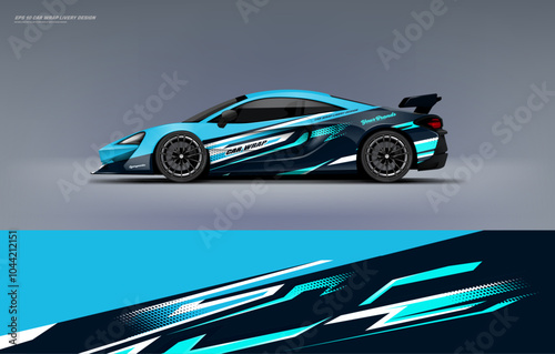 Racing Car sport car branding with racing wrap decal or livery design. Abstract racing graphics black blue backround. Editable vector template