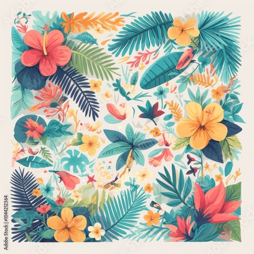 A vibrant, colorful tropical floral pattern featuring assorted flowers and lush green leaves.