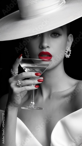 Stylish Woman in White Hat Holding Martini Glass, Wearing Bold Makeup, B/W Image photo