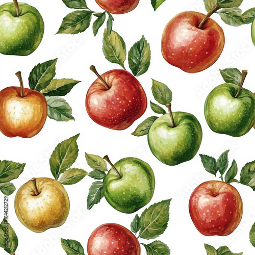 Handpainted seamless pattern of crunchy apples, featuring both red and green varieties with lush leaves. The classic design is perfect for fallthemed decor or kitchen textiles.