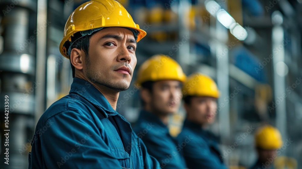 A group of workers in hard hats and uniforms, focused on their tasks in an industrial setting. A group of workers in hard hats and uniforms, focused on their tasks in an industrial setting.