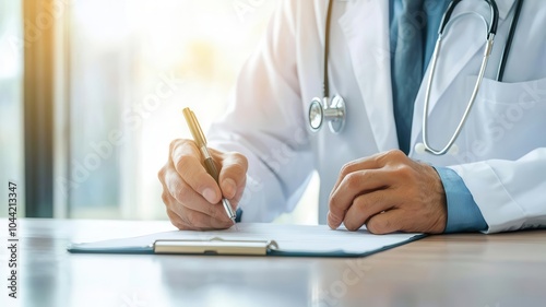 Doctor writing a prescription after a routine medical check photo