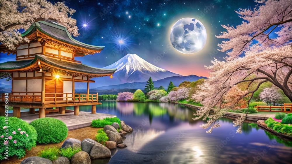 Obraz premium Moonlit Serenity: Traditional Japanese Landscape with Cherry Blossoms and Tranquil Waters
