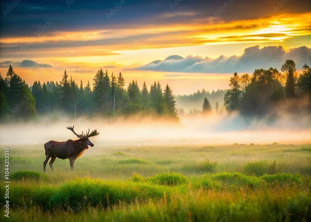 Morning Mist Over a Serene Field with Moose Silhouette at Dawn Morning Mist Over a Serene Field with Moose Silhouette at Dawn