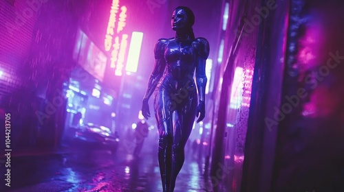 A futuristic figure walks through a neon-lit urban alley, surrounded by a moody atmosphere.