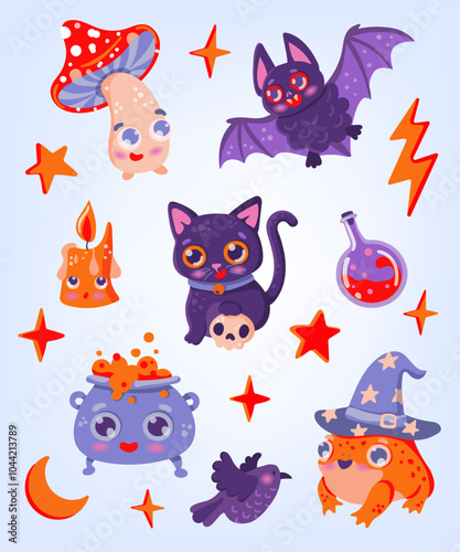 A Halloween set of cute funny characters highlighted on a white background. A cartoon vector toad in a witch's hat, a cat with a skull, a fly agaric, a cauldron with a potion, a raven, a bat, a candle