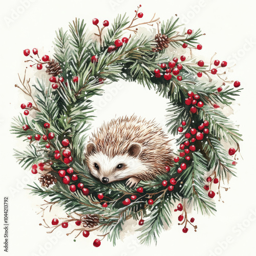 Christmas wreath in watercolor with lush pine branches, red berries, and a cozy hedgehog curled up at the center. The handdrawn details and winter elements create a warm, festive holiday illustration. photo