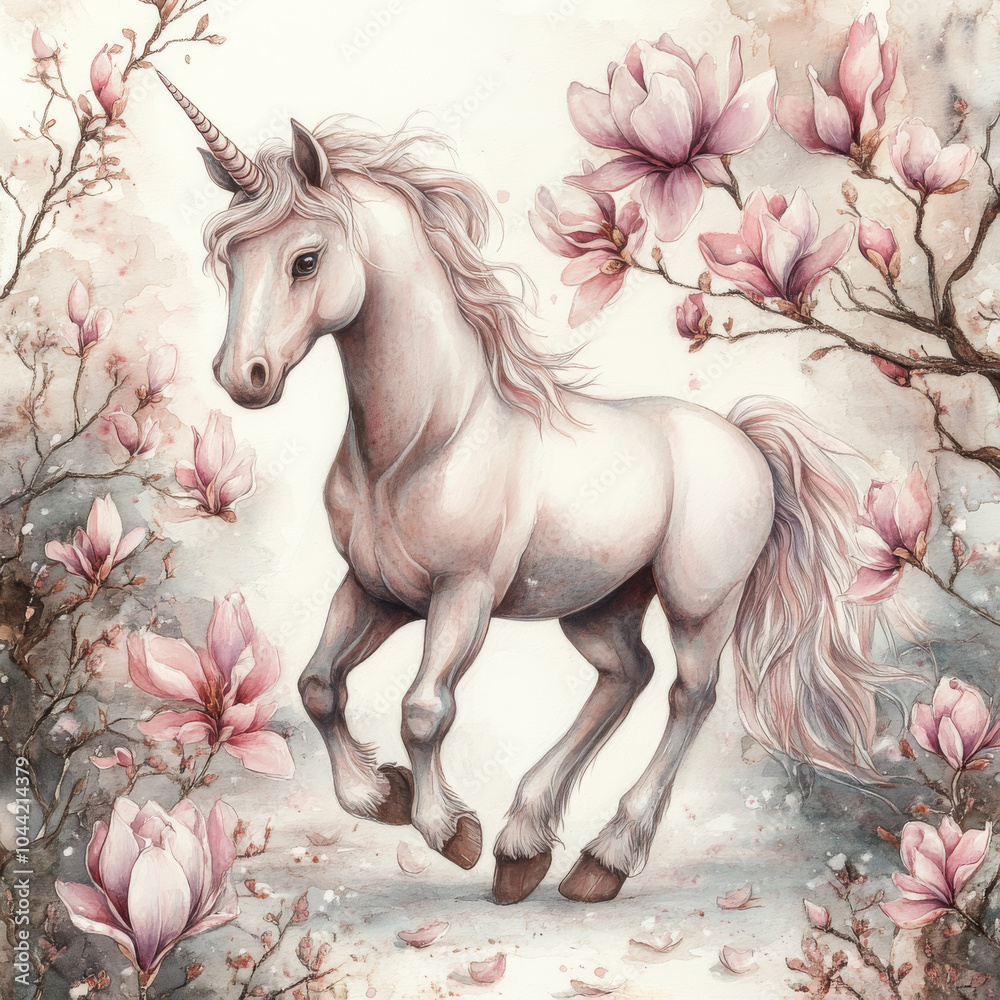 Naklejka premium Magical watercolor unicorn surrounded by blooming magnolia flowers, the soft petals enhancing the mythical beauty of the scene, all on an isolated white background. Ideal for whimsical illustrations.