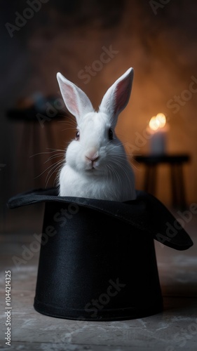 Adorable White Rabbit in Upside-Down Top Hat with Lit Candles, Warm Indoor Scene photo