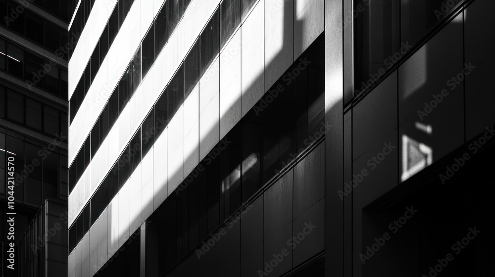 Fototapeta premium A monochrome depiction of a modern building with contrasting light and shadows.