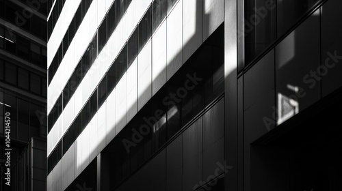 A monochrome depiction of a modern building with contrasting light and shadows.