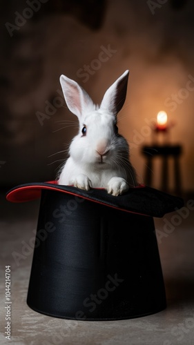 White Rabbit Posed as Wizard Sitting in a Black Hat with Red Rim, Warm Lighting photo