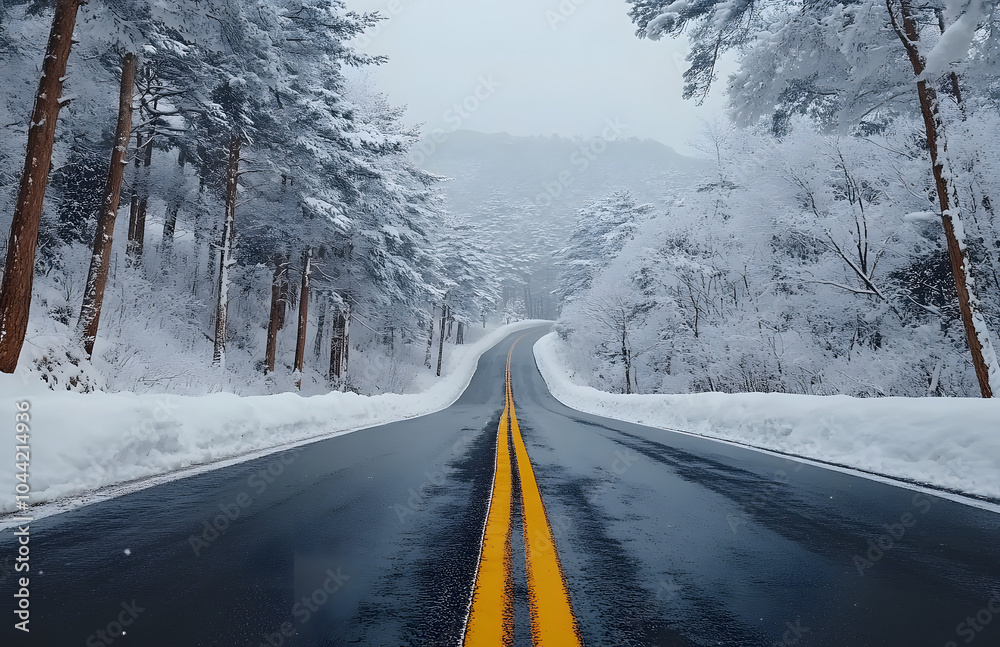 Obraz premium Scenic winter view of a curvy road lined with frosted trees and a tranquil atmosphere
