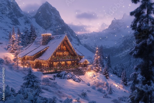 Cozy cabin in snowy mountains. Perfect for Christmas or winter holiday imagery.