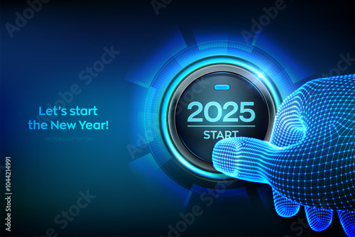 2025 start. Finger about to press a button with the text 2025 start. Happy new year. New Year two thousand and twenty five is coming concept. Vector illustration.