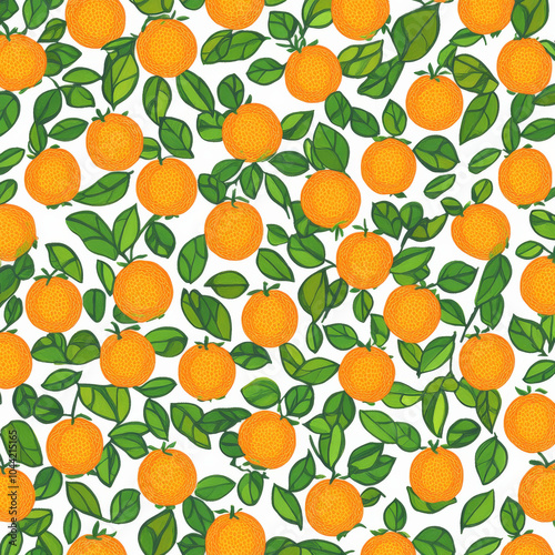 A charming seamless pattern featuring sweet oranges with vibrant orange peels and lush green leaves. The fresh and zesty design is perfect for citrusthemed kitchen items or summer apparel. photo