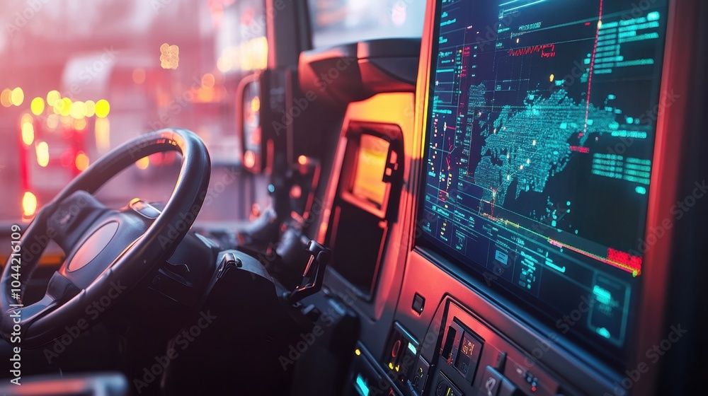 A detailed dispatch center with a large screen tracking global logistics and vehicle movements in real-time.