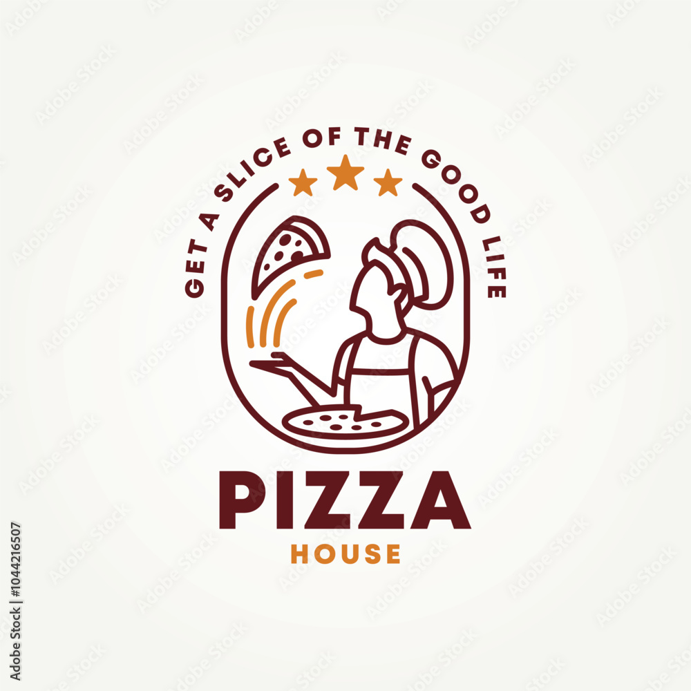Obraz premium minimalist the chef is making pizza line art badge icon logo vector illustration design. simple modern restaurant, pizzeria, fast food emblem logo concept