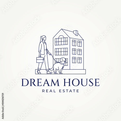 minimalist apartment real estate company line art icon logo vector illustration design. simple modern woman walking with her dog in front of a dream apartment logo concept