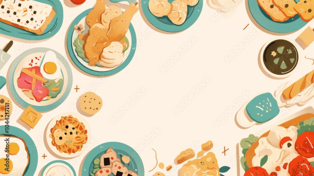 An American-style fried chicken served on a plate, beautifully surrounded by various cakes and cookies An American-style fried chicken served on a plate, beautifully surrounded by various cakes and cookies