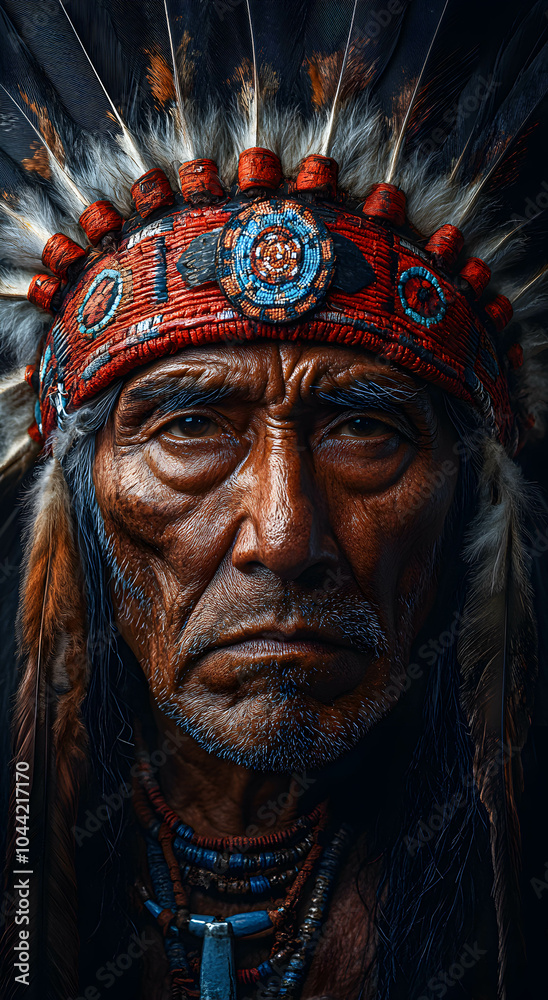 Portrait of a Native Indian man who is a chief and elder wearing a headdress with feathers. A crown of feathers. Space for text. Native Indian tribe concept. Portrait of a Native Indian man who is a chief and elder wearing a headdress with feathers. A crown of feathers. Space for text. Native Indian tribe concept.