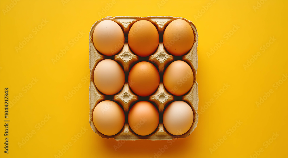 Paper container with chicken eggs on a bright yellow background. Space for text. The concept of proper nutrition. .