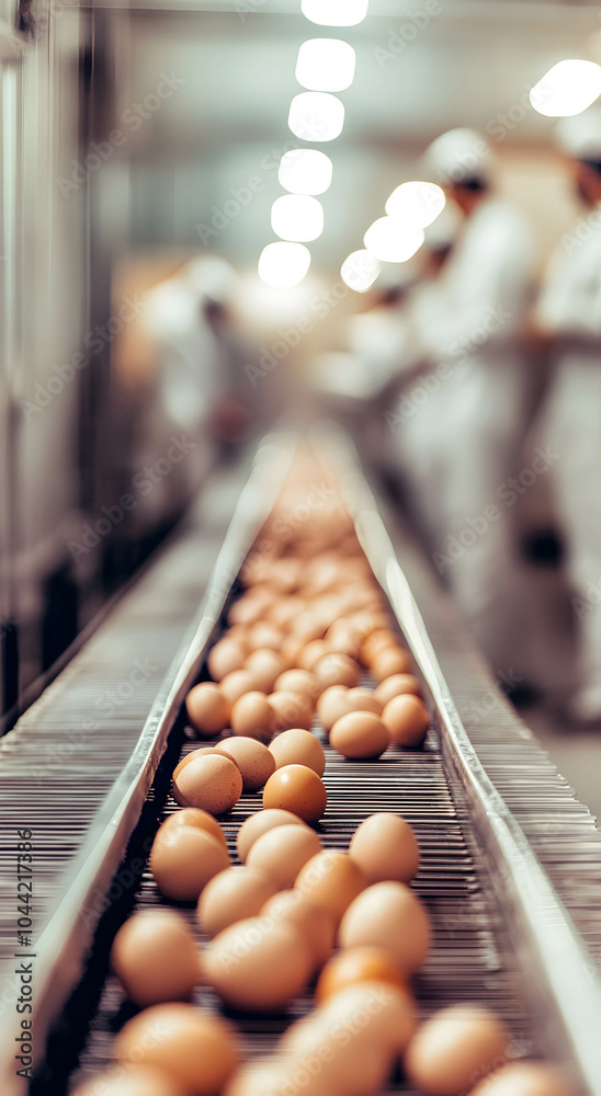 A long conveyor belt of chicken eggs, in the blurry background are people in white uniforms standing on the sides of the conveyor belt controlling quality. The concept of egg production.. A long conveyor belt of chicken eggs, in the blurry background are people in white uniforms standing on the sides of the conveyor belt controlling quality. The concept of egg production..