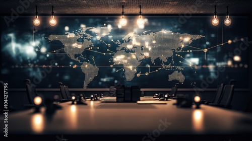 A dispatch control room with a giant screen tracking global shipping routes, cargo movements, and vehicle locations.