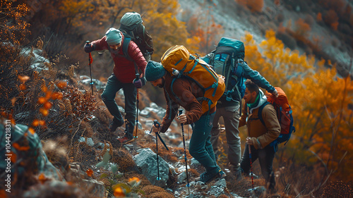 A team of hikers works together to assist a friend in climbing a steep hill, showcasing their camaraderie and teamwork in nature.