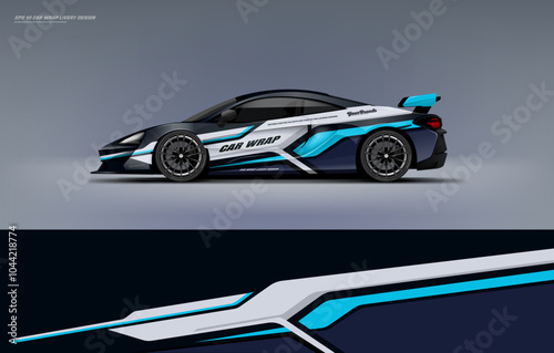Racing Car sport car branding with racing wrap decal or livery design. Abstract racing graphics black blue backround. Editable vector template