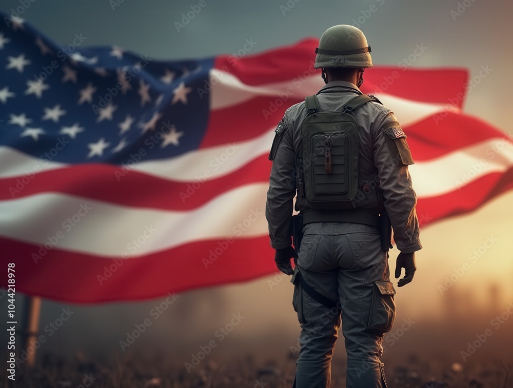 Soldier standing in front of American flag patriotic military scene