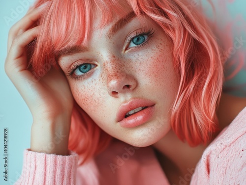 Gender-Neutral Beauty: Pink Hair, Red Freckles photo