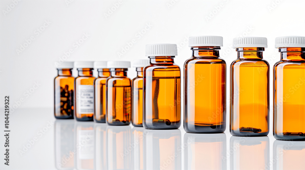 Medicine bottles filled with pills and capsules arranged on a reflective surface for pharmaceutical representation Medicine bottles filled with pills and capsules arranged on a reflective surface for pharmaceutical representation