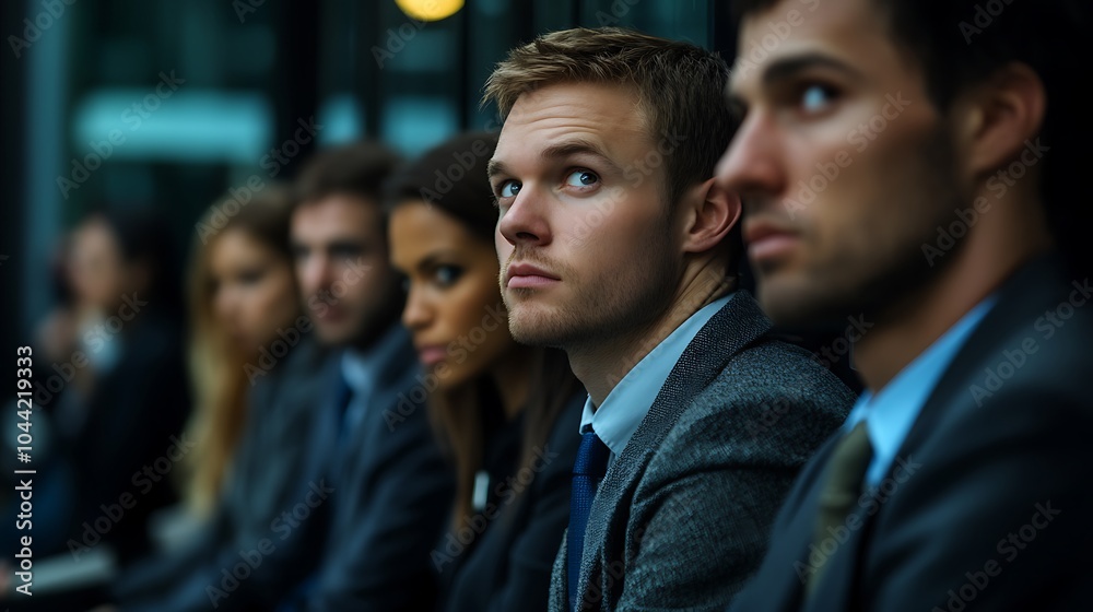 A group of business professionals stand in line, looking up expectantly, perhaps awaiting a presentation or announcement. A group of business professionals stand in line, looking up expectantly, perhaps awaiting a presentation or announcement.