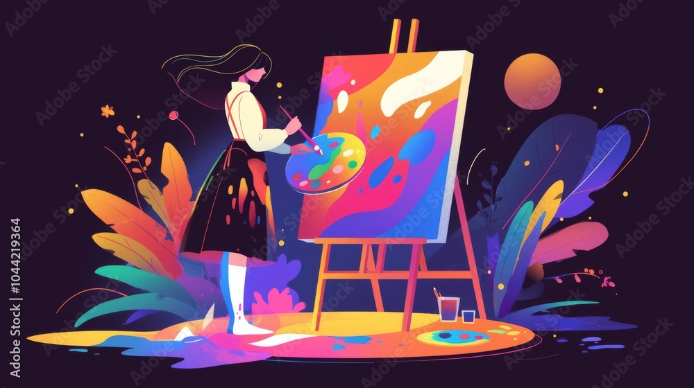 Naklejka premium Flat vector illustration of an artist painting on a canvas in front of a colorful holographic display, set against a black gradient background.