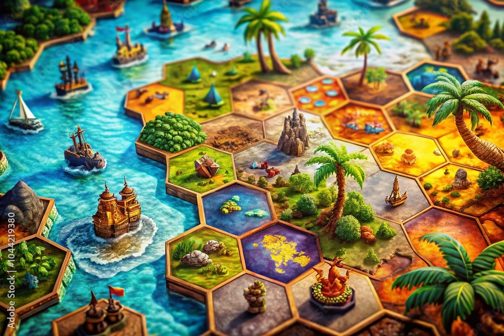 Fototapeta premium Pirate-Themed Hexagonal Board Game Map in Caribbean Style for Adventure Lovers and Game Enthusiasts